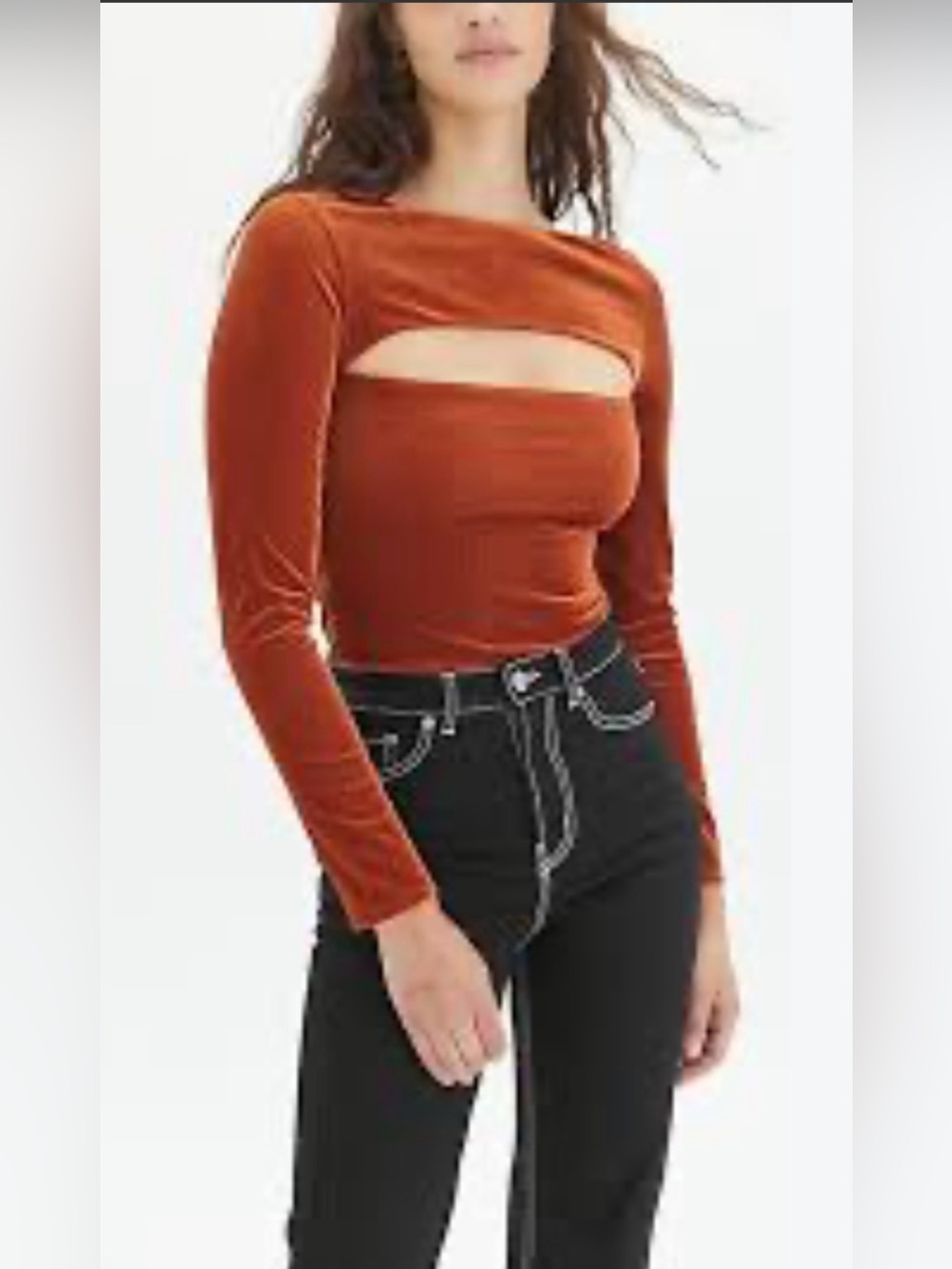 Out From Under (UO) Velvet Cutout Long-Sleeve bodysuit. Coppery Rust. Medium.